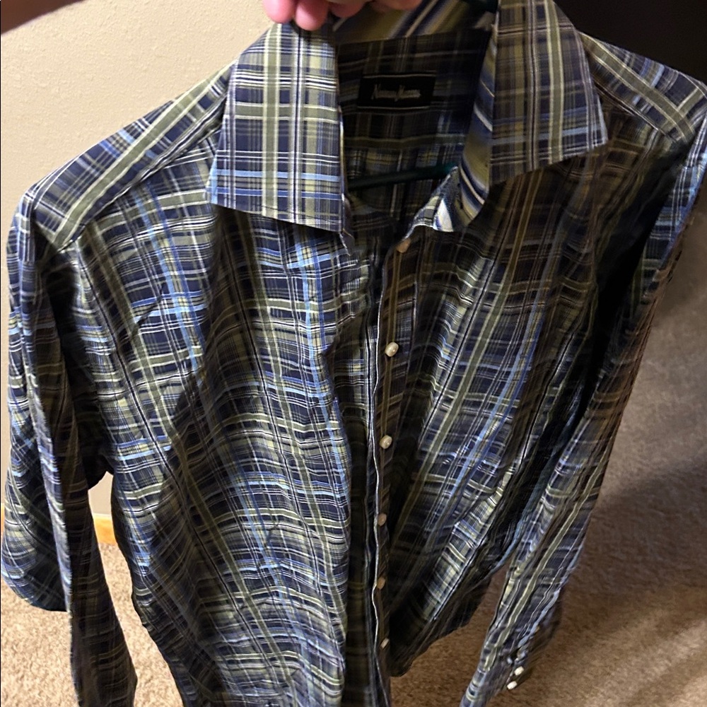 Neiman Marcus Men's Green and Blue Plaid Shirt